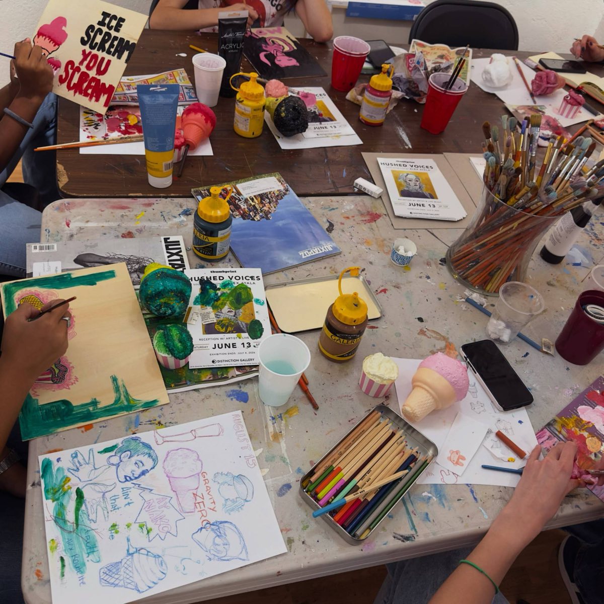 Teens painting, drawing and sculpting together in the ArtHatch teen studio